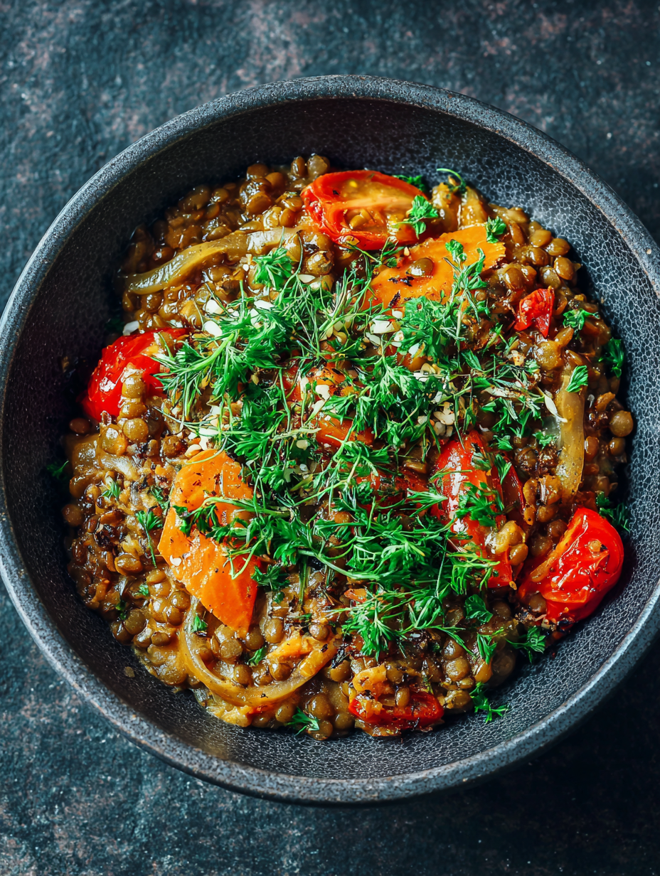 Vegetarian Stroganoff with Brown Lentils